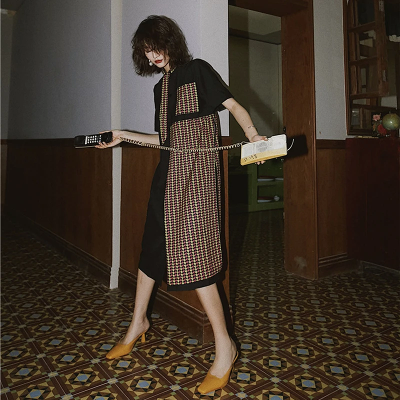 Женское платье лоскутного покроя GALCAUR разноцветное винтажное со шнуровкой