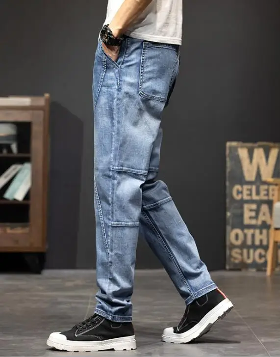 Men Jeans Thin Stretch Jeans Men Loose Straight-Leg Casual Mid-Waist Denim Trousers Size 28-44
