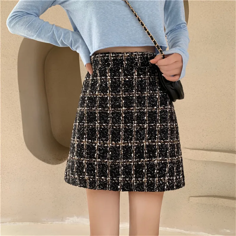 Клетчатая твидовая облегающая юбка для женщин Корейская линия Мини-Юбки Женская