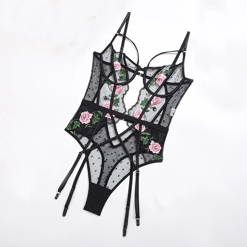 

New Sexy Female Floral Embroidery Straps Lace Bodysuits Party Club Women Sexy Fetish Underwire Backless Summer Exotic Bodysuit