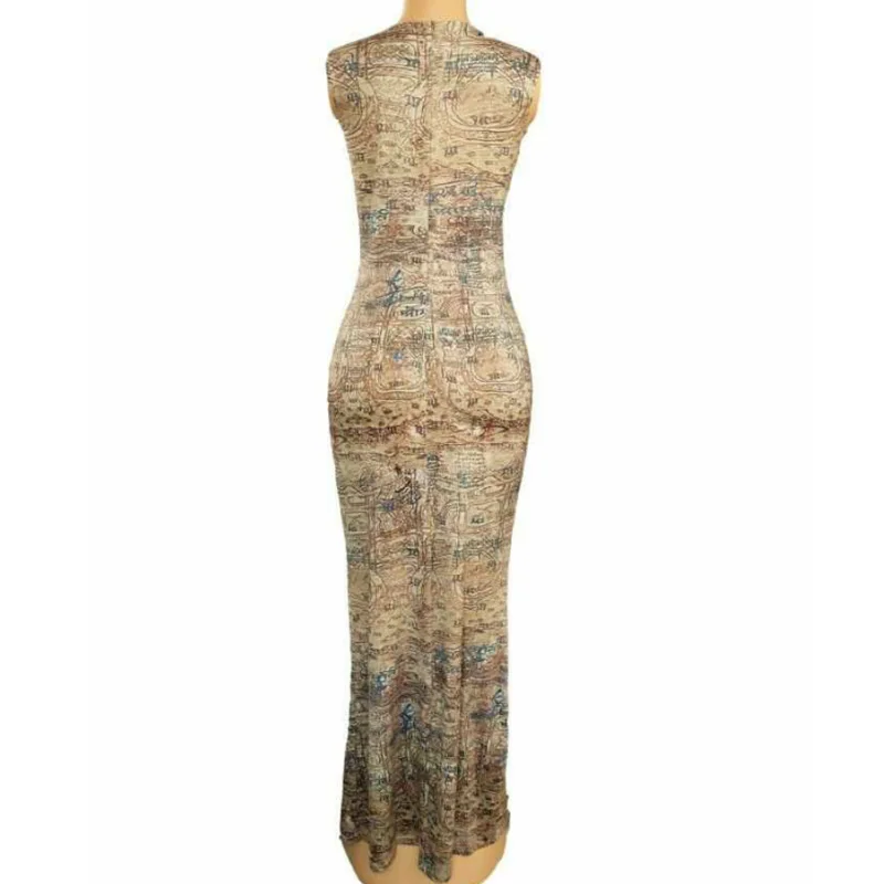 

2021 Vintage Women Sleeveless Bodycon Slim Maxi Dress Africa Fashion Printed Dress