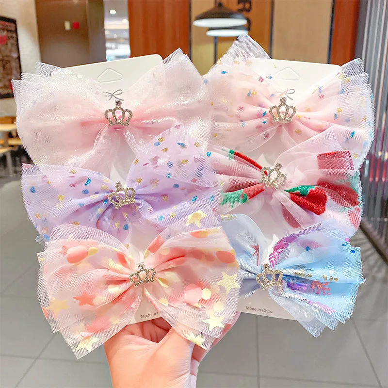 

Girls Crown Glitter Gauze Mesh Hair Clip Cute Baby Hairpin Girls Princess Strawberry Flowers Hair Barrette Bows Accessories