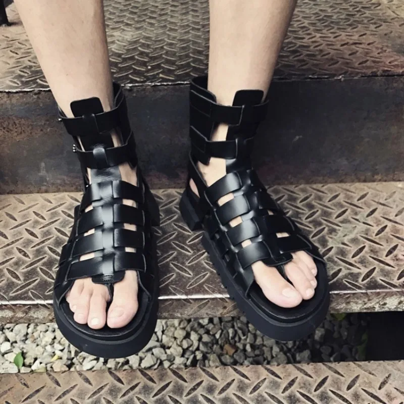 Harajuku/гладиаторы высокие туфли мужские римские сандалии из натуральной кожи с