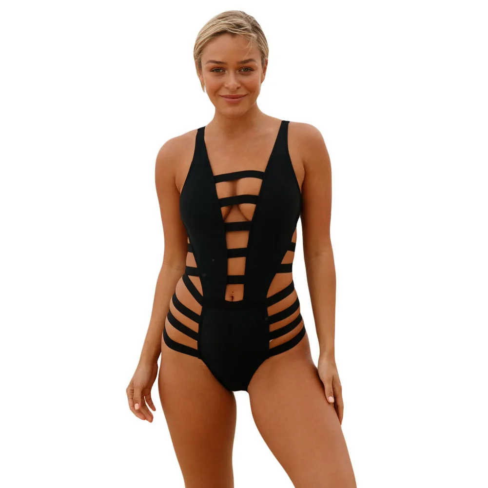 

European and American Swimsuit Bikini Sexy Deep V-neck Sleeveless Horizontal Stitching Hollow High Waist One-Piece Swimming Suit
