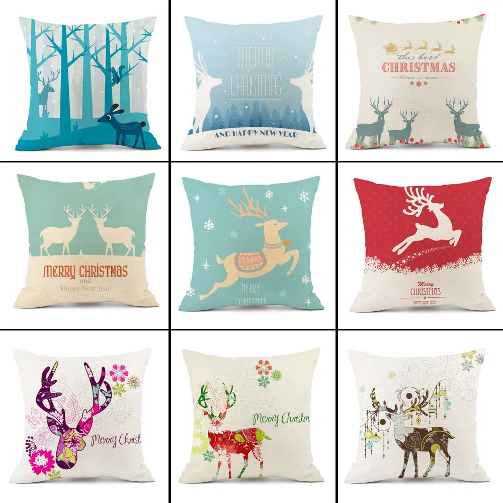 

New Christmas Elk Pillow Cover Cotton Linen Throw Pillow Cushion Printing Living Room Sofa Decoration Gift Pink Home Decor