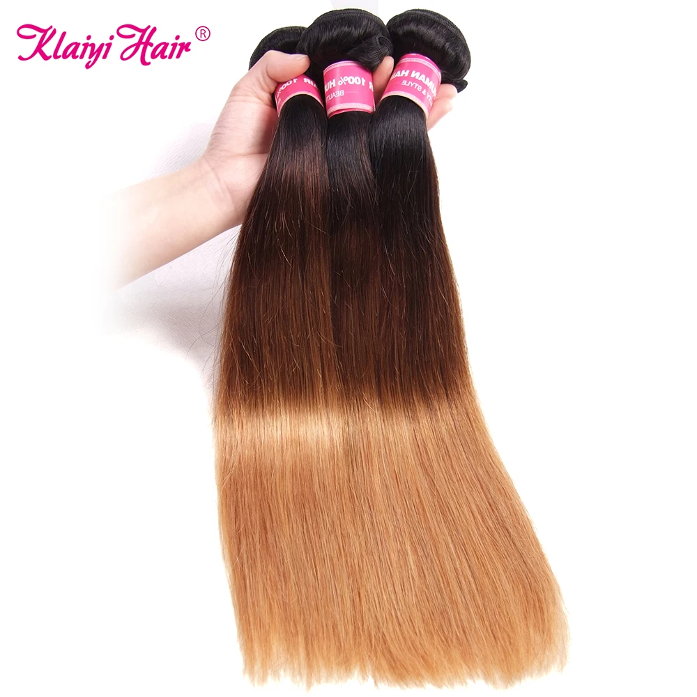 Klaiyi Hair Ombre Brown Straight Human Hair Weave Bundles Highlight Brazilian Remy Hair Extensions For Women 3/4 Bundles Deals