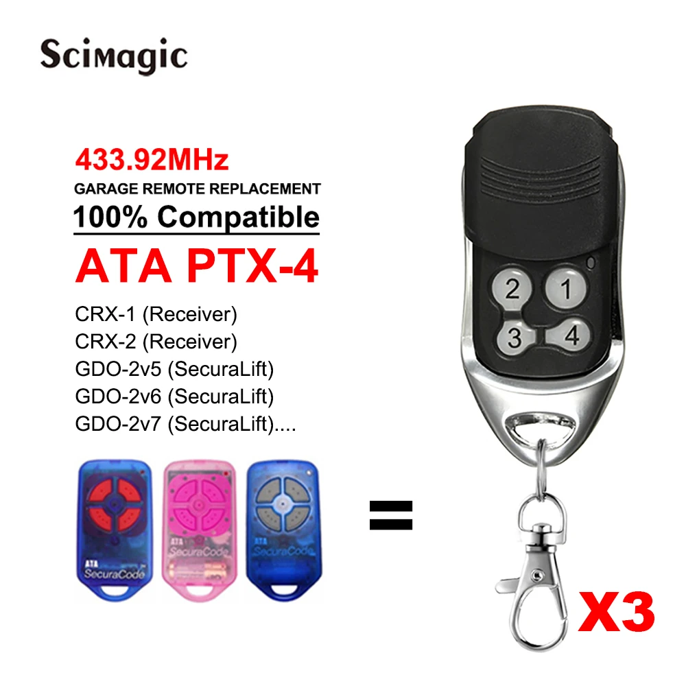 

3PCS ATA SECURALIFT Panelift Garage Door Opener GDO-2V5 GDO-2V6 GDO-2V7 GDO-7 433.92 MHz ATA PTX-4 & PTX4 Gate Remote Control