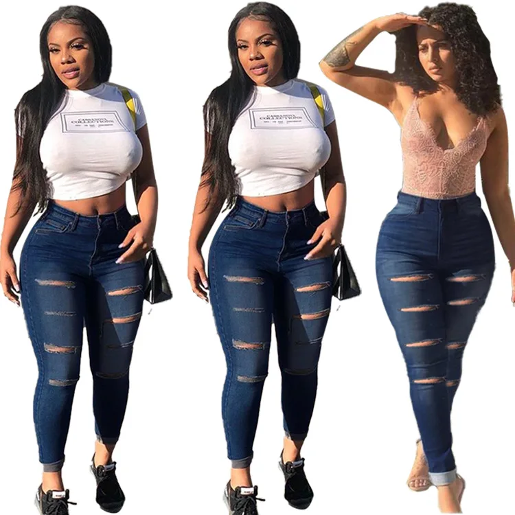

StreetWear Women Solid Color Ripped Jeans 2020 Autumn Latest Lady's Fashion High Waist Hollow Out Skinny Pencil Denim Pants