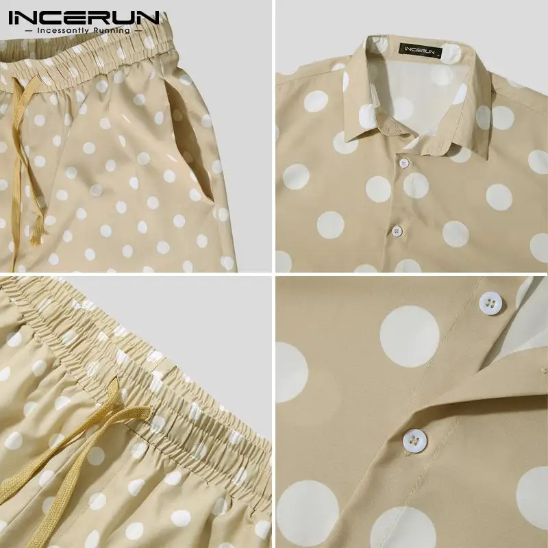 

INCERUN Men Sets Polka Dot Printed 2021 Summer Vacation Lapel Short Sleeve Shirt & Shorts 2 Pieces Streetwear Men Hawaiian Suits
