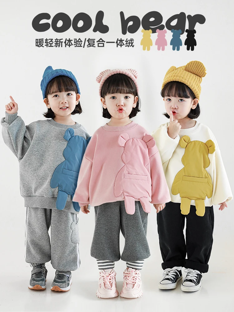 

Милый вельветовый свитшот с трехмерным медведем для девочек, Зимний новый вязаный теплый ветрозащитный топ с круглым вырезом и карманами