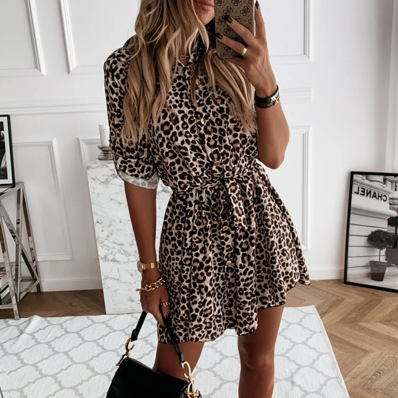 

Women Spring Autumn Leopard Shirt Dress Long Sleeve Turn-down Collar Sashes Mini Dress Single Button OL Lady Sexy Dress