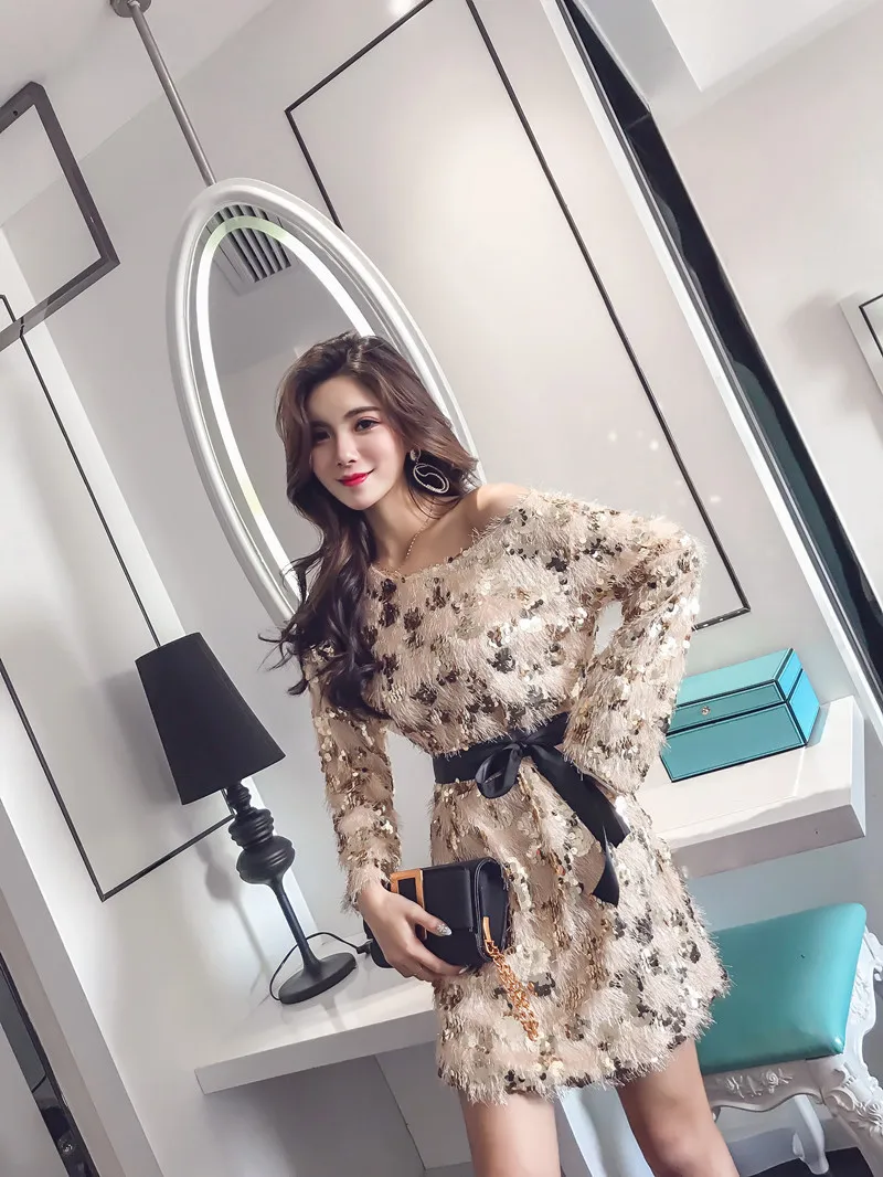 

Women Sexy Sequin Feather Bodycon Mini Dress Club Evening Party Dress Female