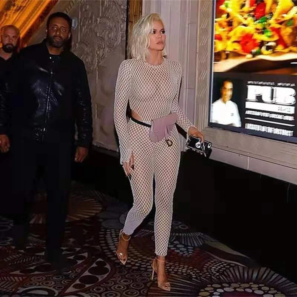 Модный новый блестящий комбинезон с длинными рукавами Khloe Kardashian Inspiration