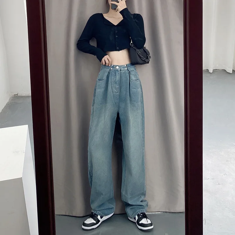 

Women Jeans Fashion Adjustable High Waist Loose Denim Pants Oversize Wide Leg Straight Trousers Casual Boyfriend Y2k Streetwear