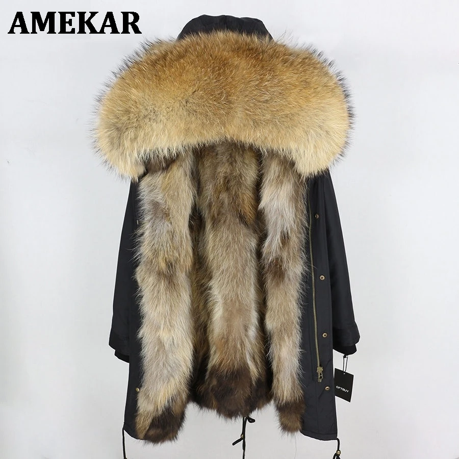 Женская парка с мехом енота на капюшоне водонепроницаемая длинная теплая