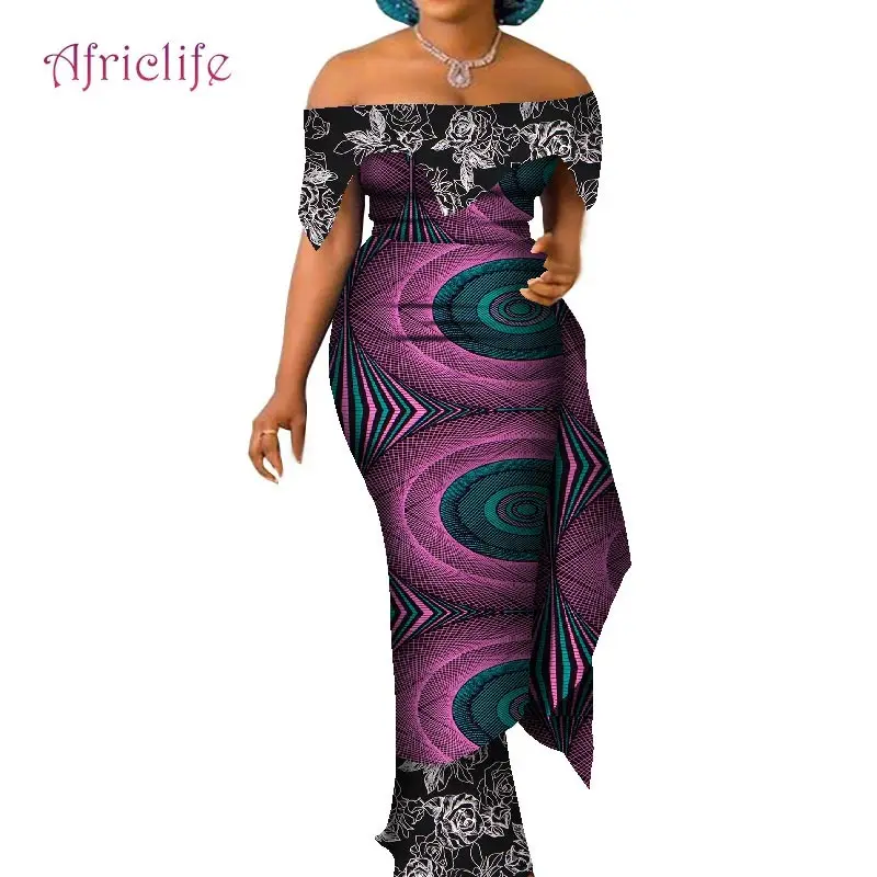 

African Dresses for Women Traditional Off Shoulder Wax Print Cotton Elegant Lady Plus Size Custom Party Clothing Clothes WY7837