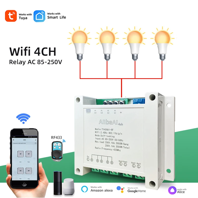 Tuya 4CH WIFI Light Switch Household Appliance Module DIN Rail AC110V 220V RF433 4 Channel Relay Remote Control by Alexa Google |