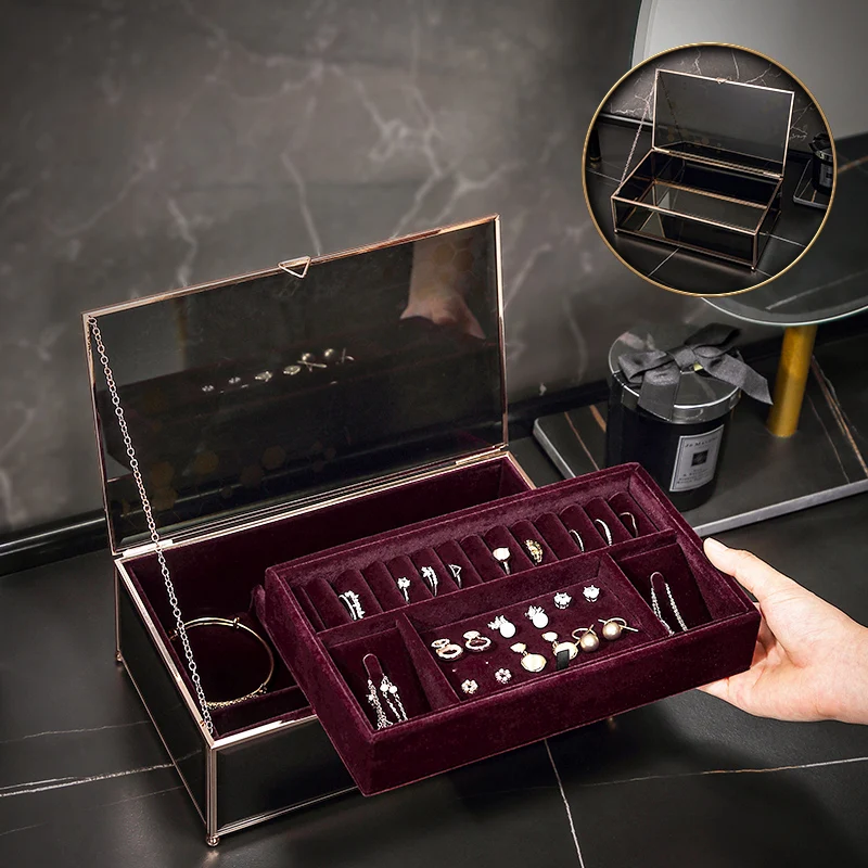 Casegrace Luxury Golden Jewelry Storage Box Desktop Glass Necklace Ring Earring Cosmetic Makeup Jewellery Case Organizer Casket