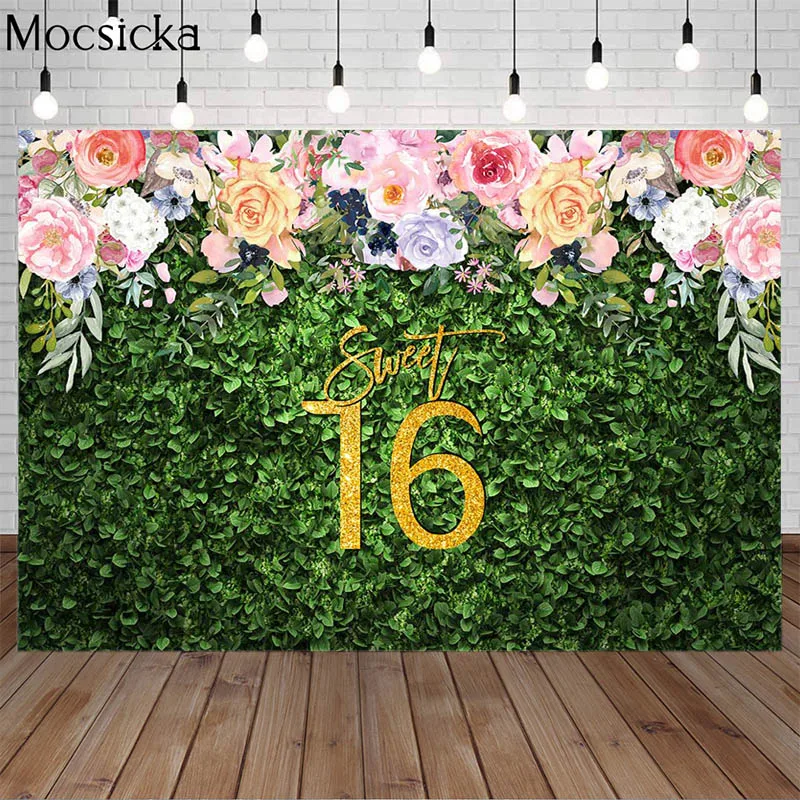 Mocsicka Sweet 16 Theme Backdrop Girl Sixteen Birthday Party Green Grass Flowers Decoration Photoshoot Background Banner Photo