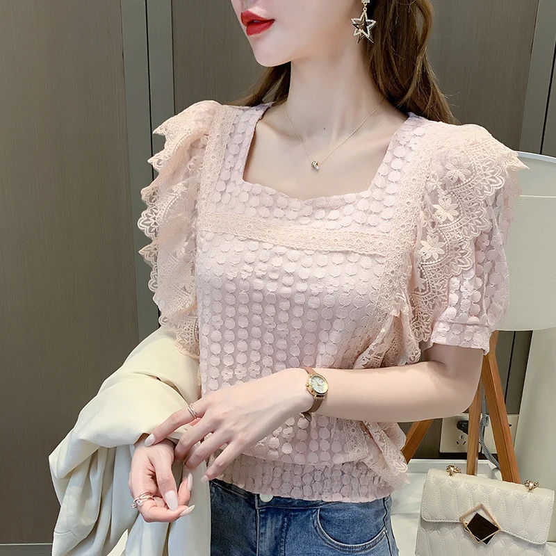 

New Arrivals 2021 Summer Short-Sleeve Women Blouse Shirt Fashion Casual Square Collar Lace Tops Elegant Slim Office Lady Blusas