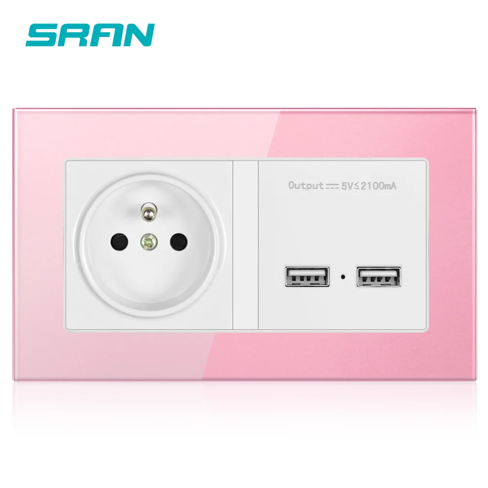SRAN Французский двойной оправе розетка с двойной USB порт зарядки 5V 2A настенное зарядное устройство розовый/зеленый закаленное стекло панель 146*86