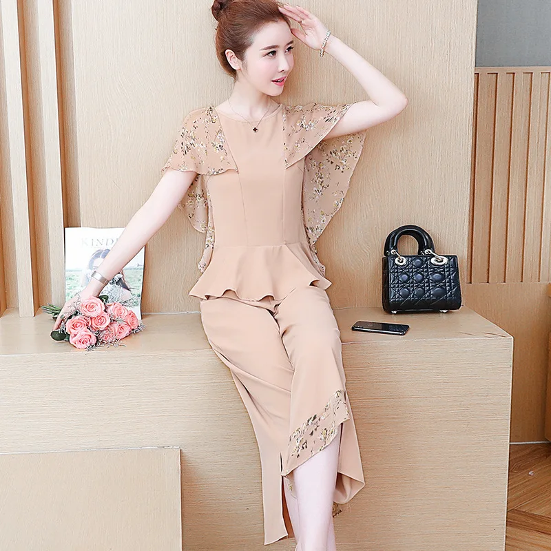 Широкие брюки летний костюм для женщин 2019 дрожащая шифоновая рубашка