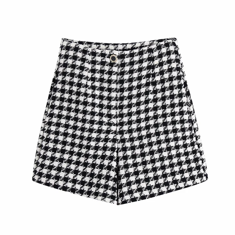 

ZXQJ Women Houndstooth Tweed Short Pants 2021 Autumn Fashion Ladies Slim High Waist Shorts Female Textured Short Trousers