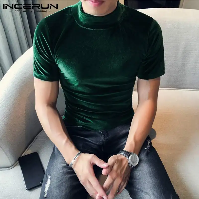 

INCERUN Men Casual T Shirt Velour Turtleneck Short Sleeve Cozy Solid Color Camisetas 2022 Fashion Streetwear Men Clothing S-5XL