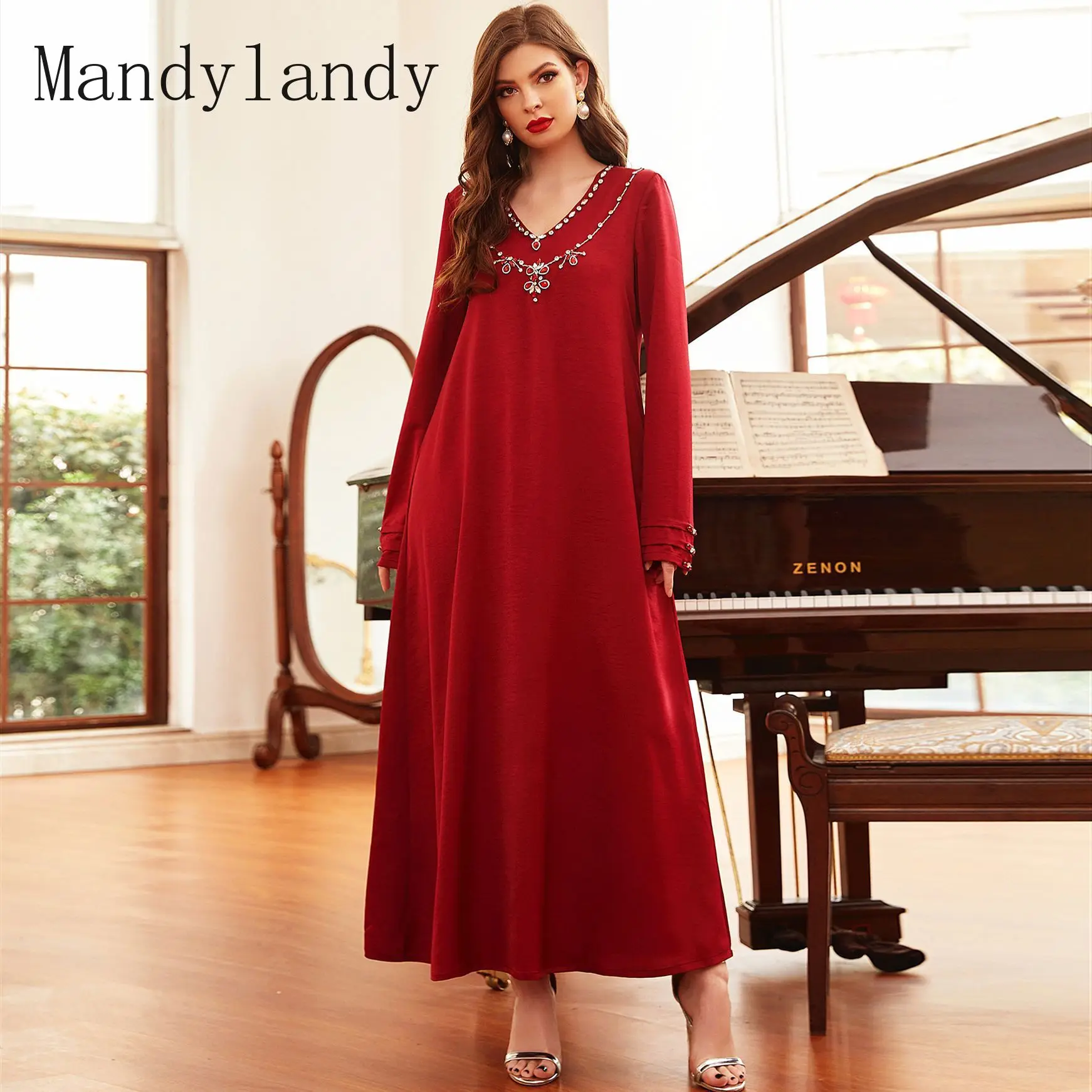 

Mandylandy, мусульманская одежда, кафтан, платье, бархатное атласное мусульманское платье, винно-красное строченное вручную, искусственная кожа,...