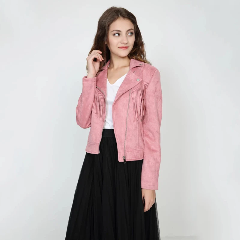 

TMODA250 2021 Spring Autumn New Women Soft Suede Faux Leather Jacket Lady Fall Tassel Coat Biker Pink Matte Zippers Outerwear