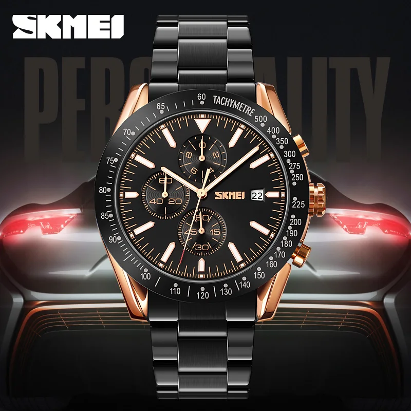 

Official Brand SKMEI Men's Watches Fashion Business Dress Quartz Watch Luxury Stopwatch Calendar Wristwatch Mens Full Steel Hour