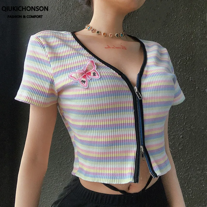 Женский Радужный кардиган на молнии тонкий вязаный Укороченный с вышивкой в виде