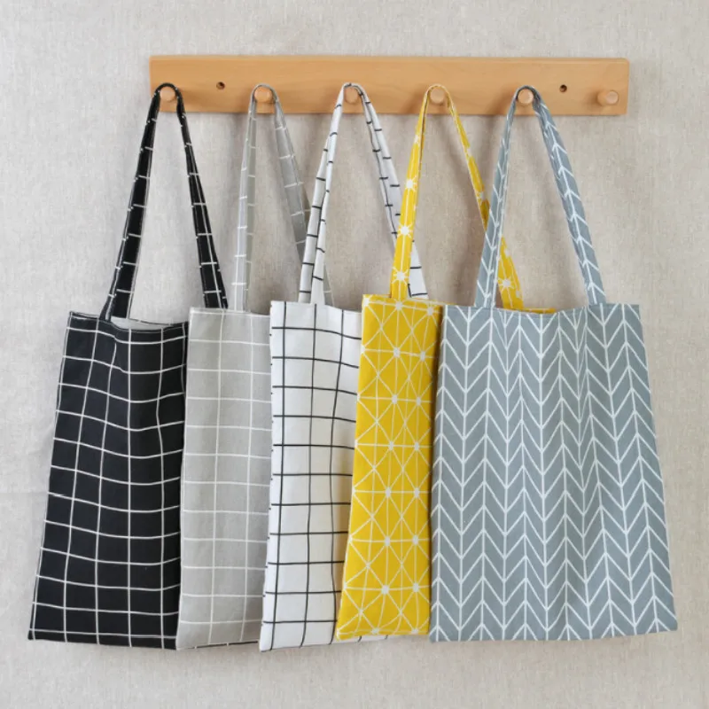 

Canvas Tote Bag Eco Shopping Bag Daily Use Foldable Handbag Large Capacity Plaid Canvas Tote for Women Female Shopper Bag