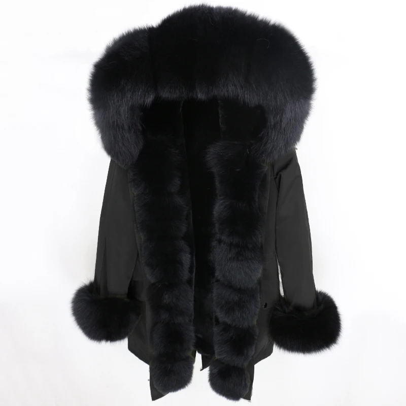 OFTBUY, водонепроницаемая парка, натуральное меховое пальто, зимняя куртка для женщин, воротник из натурального меха енота, капюшон, подкладка из натурального кроличьего меха, съемная - Цвет: full black