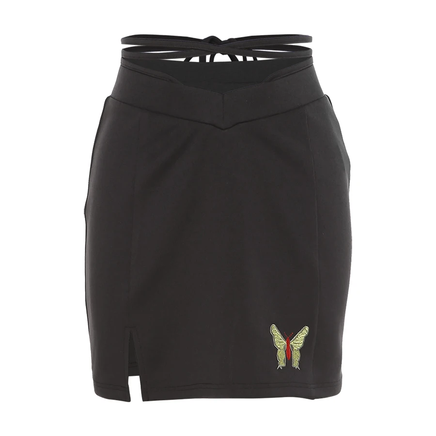 

Sylcue Summer 2021 low waist small skirt waist cross skirt right bottom slit front butterfly embroidered sexy sheath skirt