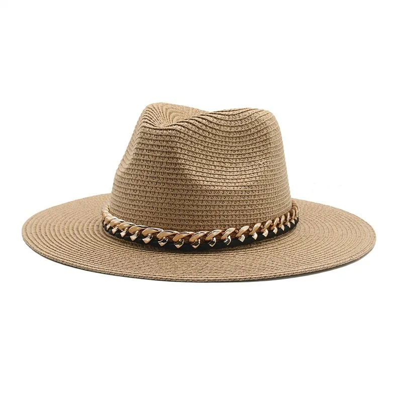 

women hats wide brim khaki black panama casual classic band belt chain spring straw outdoor beach panama sun hat gorros de sol