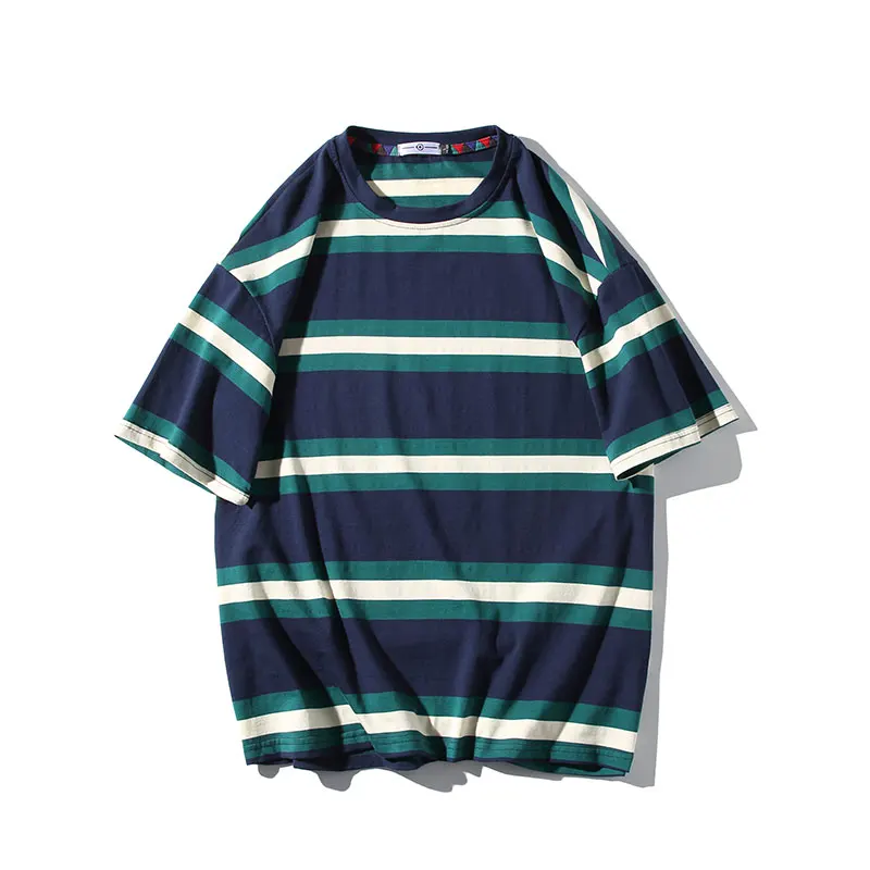 

Новинка 2021, модная мужская Свободная футболка в гонконгском стиле с коротким рукавом, полосатая футболка с круглым вырезом