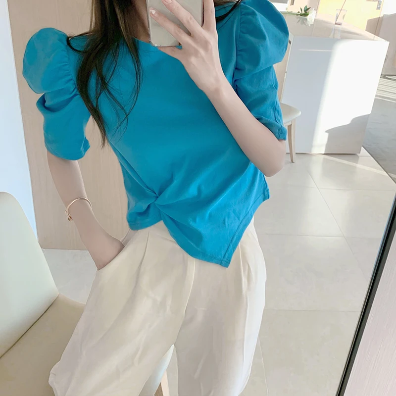 

Summer Fashion Irregular Tops Women's Clothing 2021 Korean Version Bubble Short-sleeved Solid Color Round Neck Woman T shirts