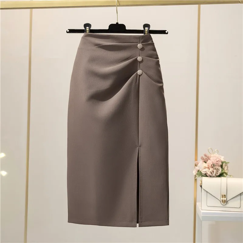 

Women's skirts 2021 spring new folds front slit suit fabric design niche sense of thin high waist bag hip skirt