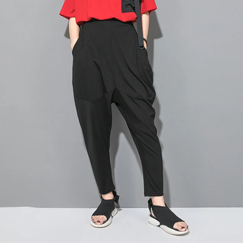 [EAM] New Autumn Winter High Elastic Waist Black Leisure Pocket Stitch Loose Harem Pants Women Trousers Fashion Tide JW997