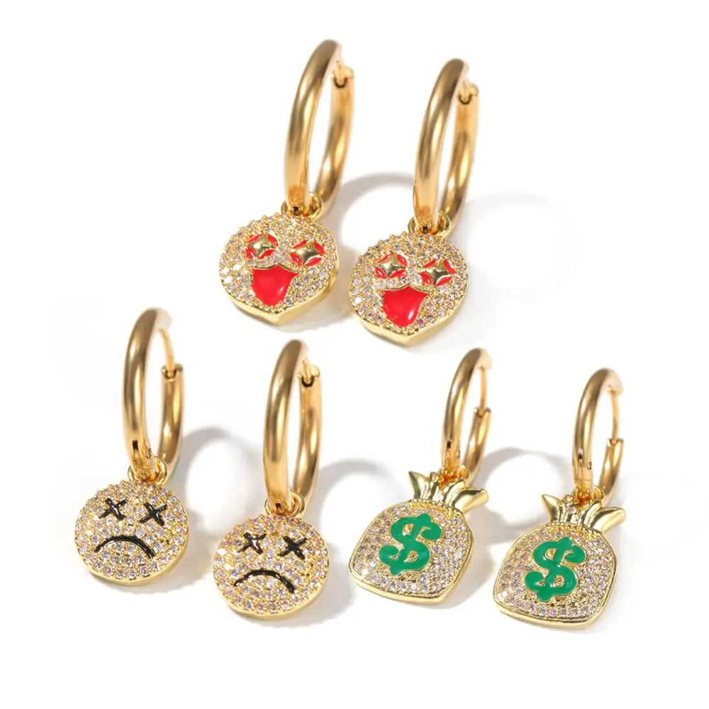 

HIP HOP Luxury Jewelry Gold Color Face Earrings AAA Zircon with Stainless Steel Hoop Earrings for Women Unique Gold Earrings