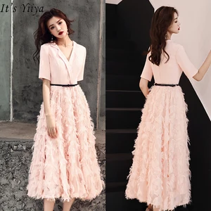 Женское вечернее платье с перьями It's Yiiya, розовое элегантное платье с v-образным вырезом, платье с коротким рукавом размера плюс, модель LF185