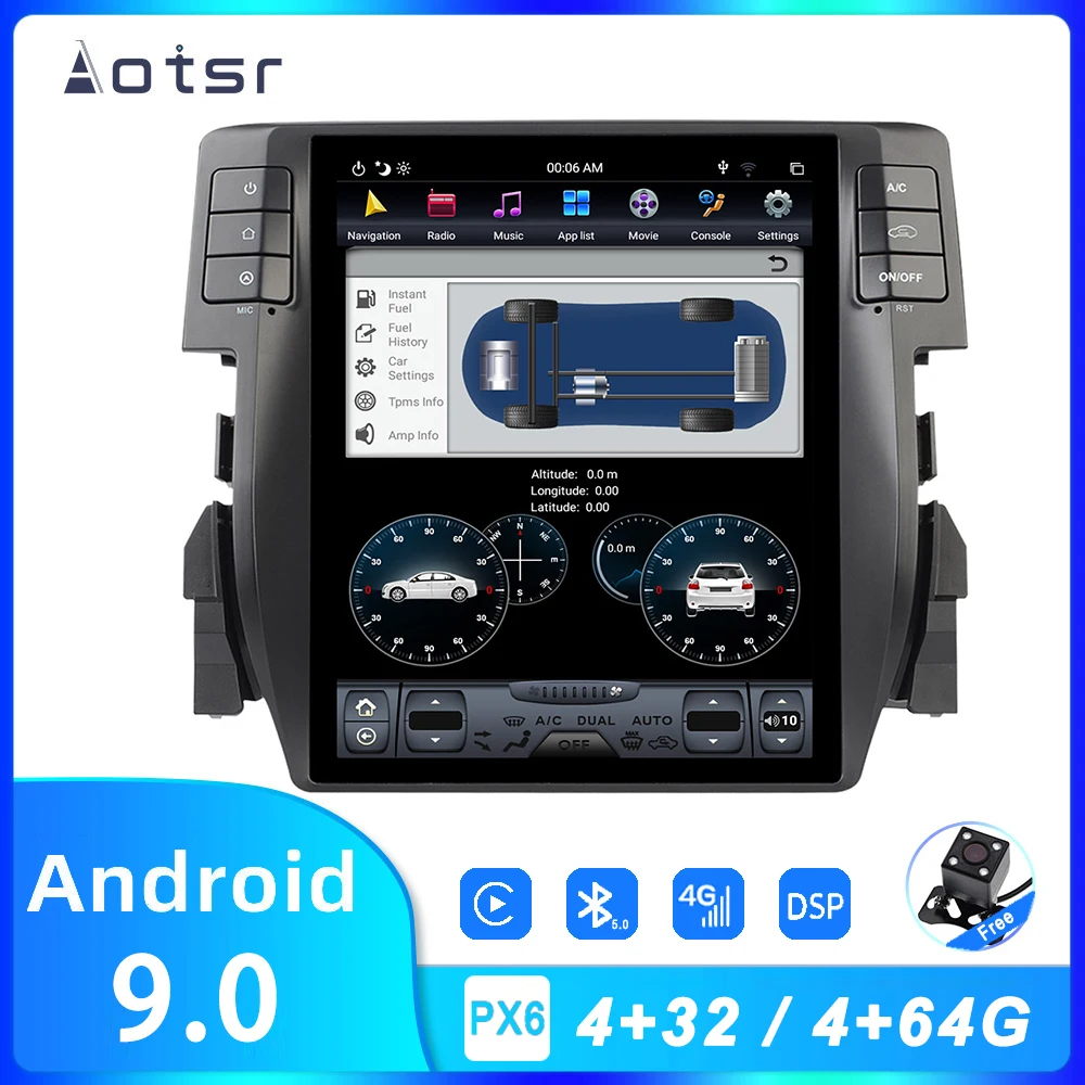 AOTSR Tesla 10 4 &quotIPS Android 9 PX6 64 Гб автомобильное радио для Honda Civic 2016 - 2020 Автомобильный GPS