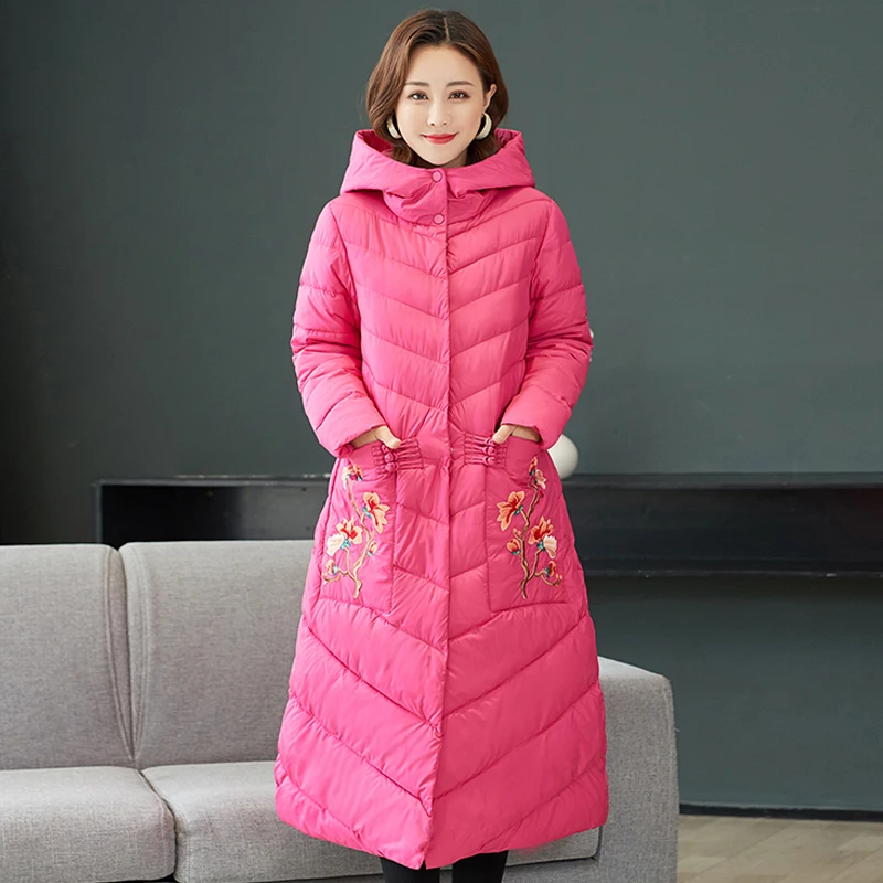 

2021 Winter Cotton Padded Coat Women's Hooded Over The Knee Long Thick Single Breasted Winter Jacket Woman Parkas Embroidery