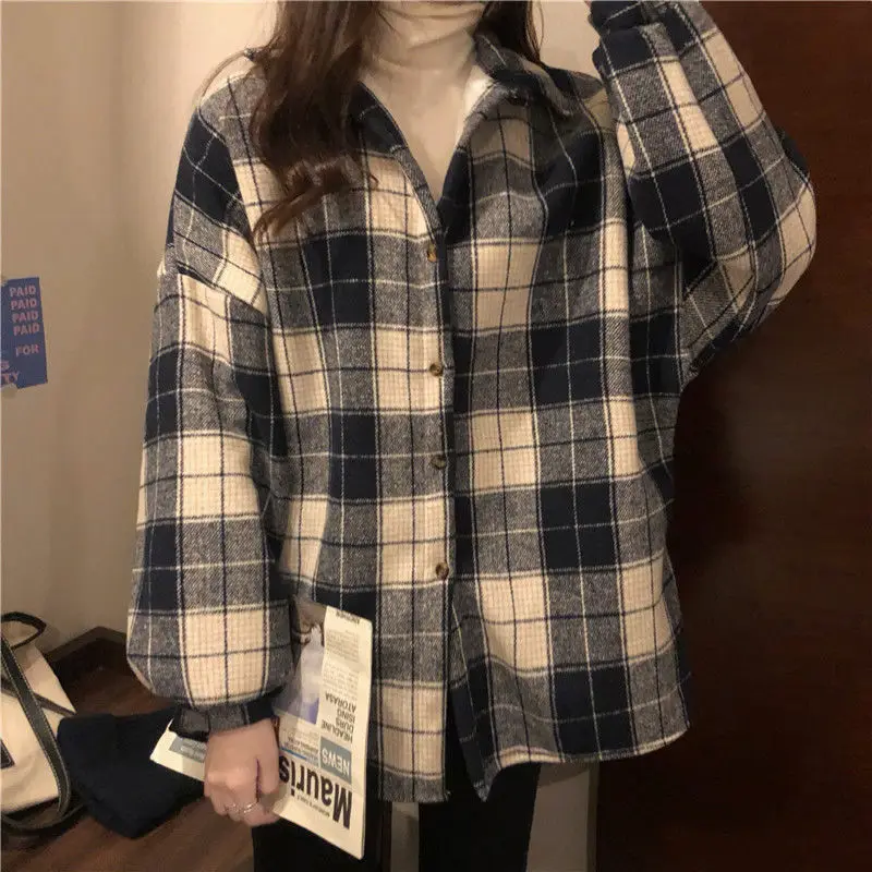 Блузка женская рубашка зимняя клетчатая свободная с длинным рукавом Куртка Blusas