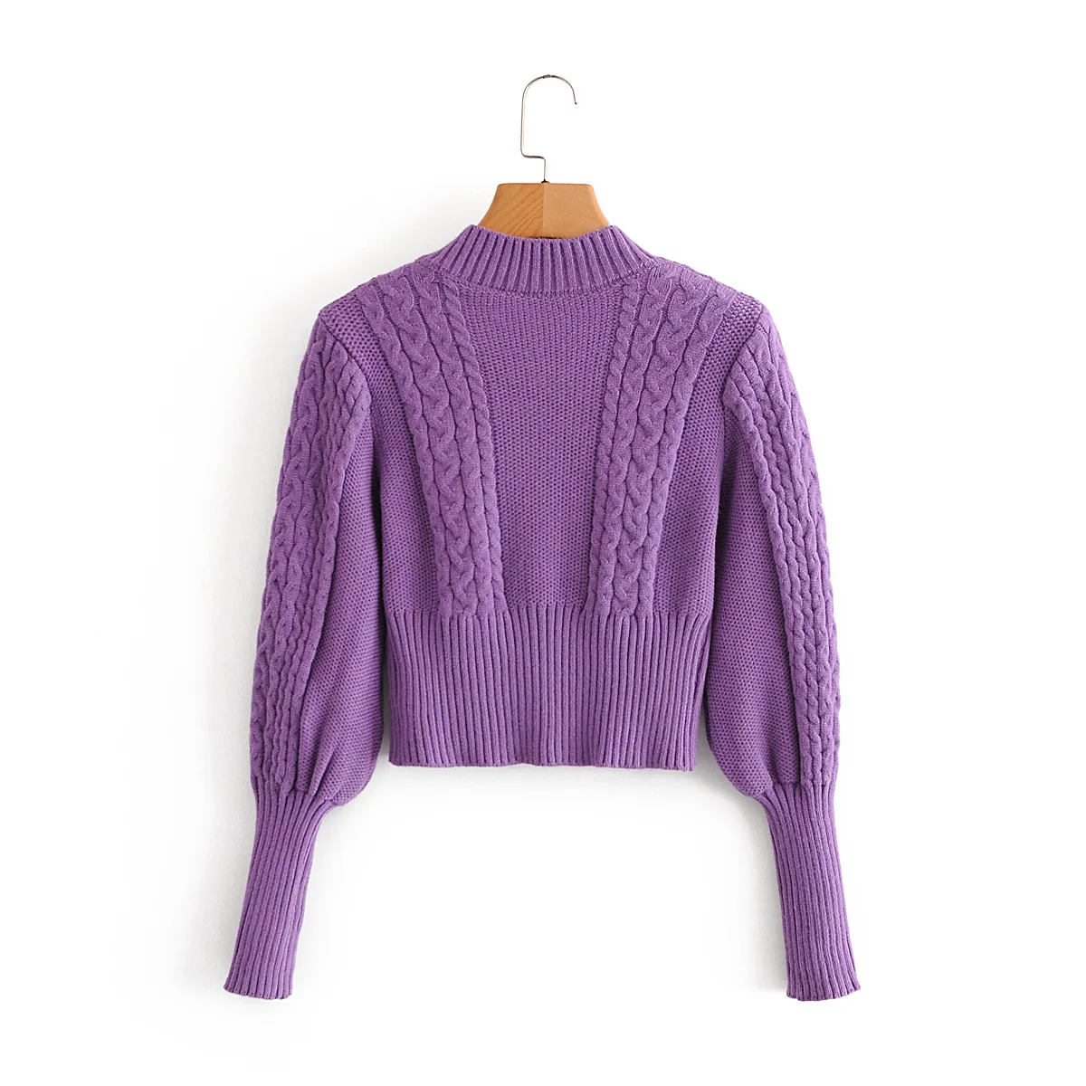 

Stand collar twist lantern sleeve solid color cardigan sweater woman