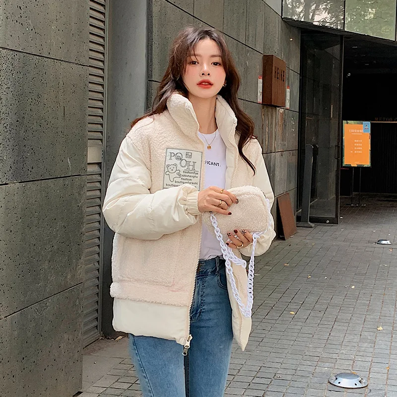 2021 Winter Short Down Padded Jacket Women Stand-up Collar Casual Winter Outwear Jacket Parkas Lamb Hair Stitching Warm Coat