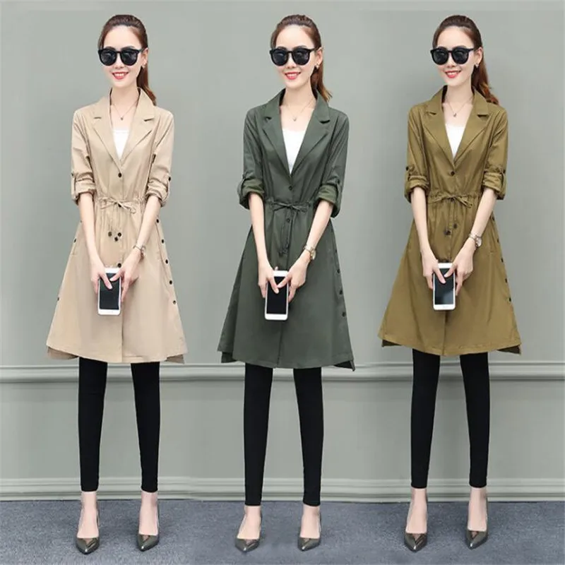 

New women's windbreaker mid-length 2019 solid color Trench coat lacing waist slim Buckle lapels Quality office outerwear plus