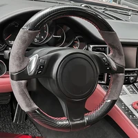 diy car steering wheel cover hand stitched anti slip black carbon fiber suede for porsche cayenne panamera 2010 2011 2012