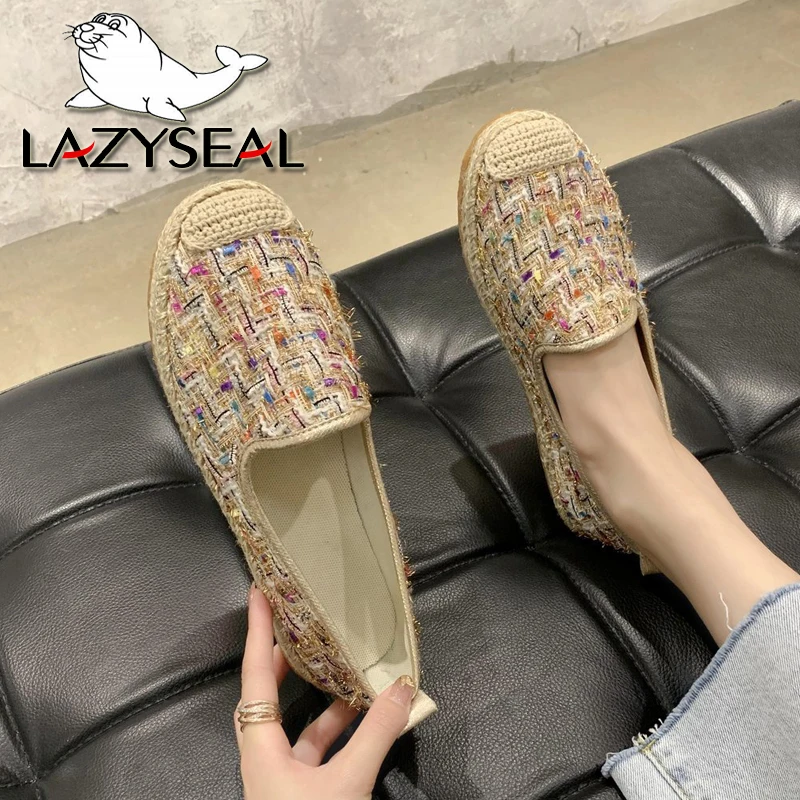 

LazySeal Fabrics Flats Women Mules Bordered Woman Shoes Hemp TPR Sole Flat Heel Shoes Women Cotton Fabric Flats